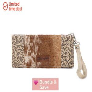 Western Tooled Cowhide Wristlet Wallet with Card Slots & Zipper
